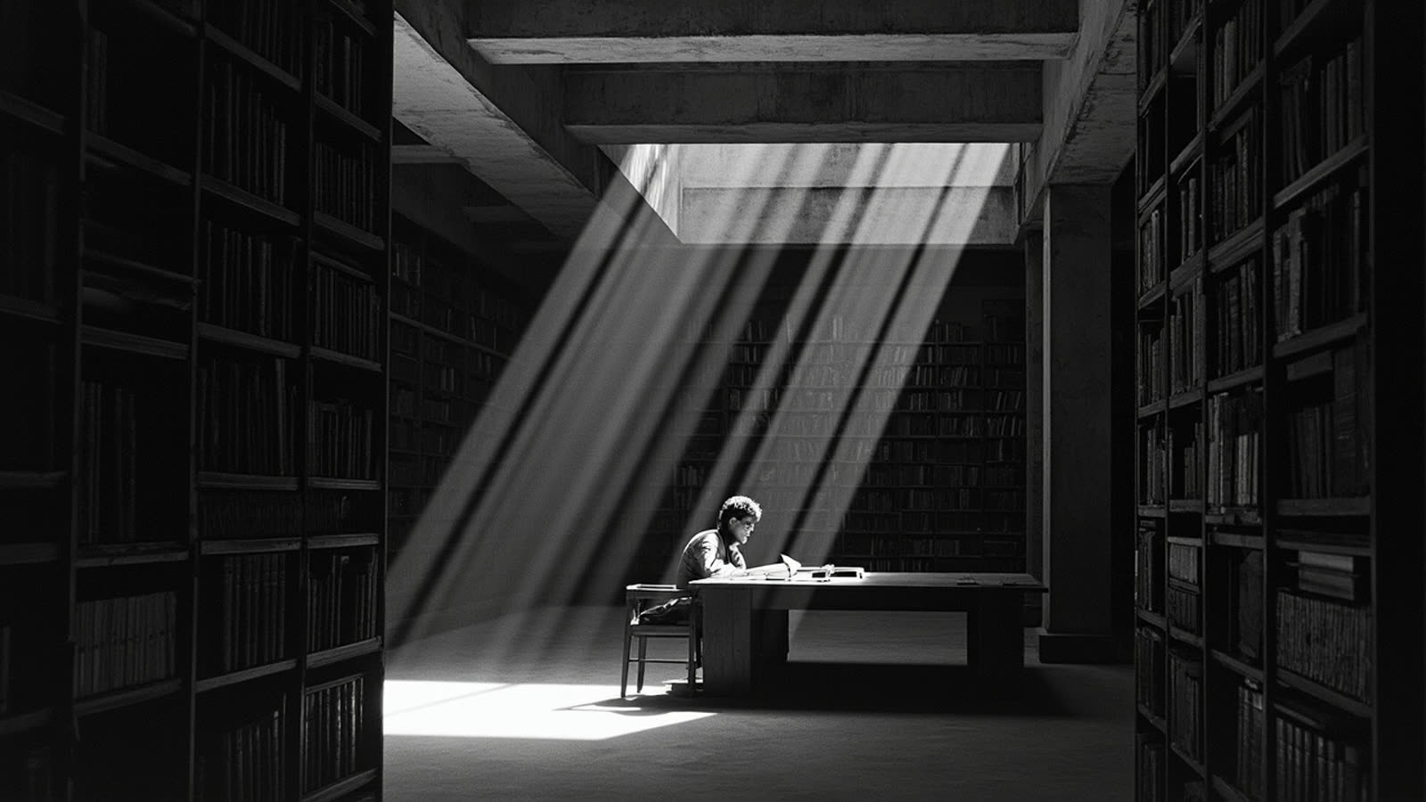 Black and white photograph of a vast brutalist library hall, a single reader at a long table beneath diagonal shafts of light