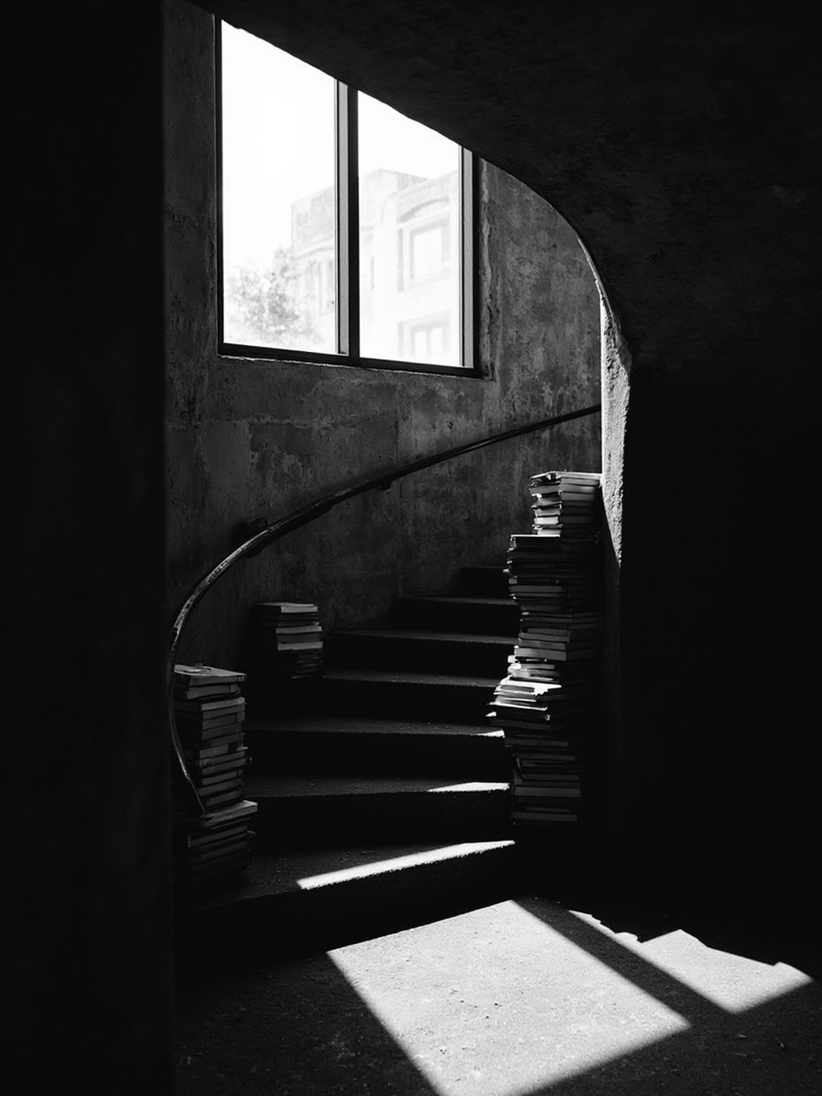 Black and white photograph of a brutalist spiral staircase with stacks of books resting on the concrete steps